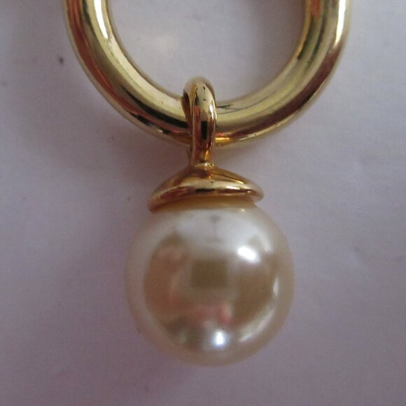 Clip On Hoop Huggie Earrings with Faux Pearl Dangle Charm Gold Tone Metal - Picture 10 of 11